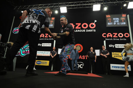 Peter Wright on stage at the Premier League