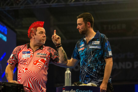 Peter Wright and Luke Humphries on stage at the 2023 World Grand Prix.