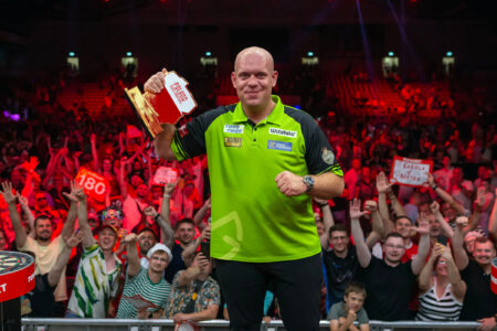 Michael van Gerwen lifting the Poland Darts Masters title in 2023.