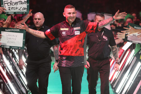 Nathan Aspinall on the walk on at the Paddy Power World Darts Championship