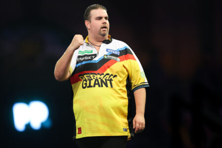 Gabriel Clemens on stage at the Paddy Power World Darts Championship.