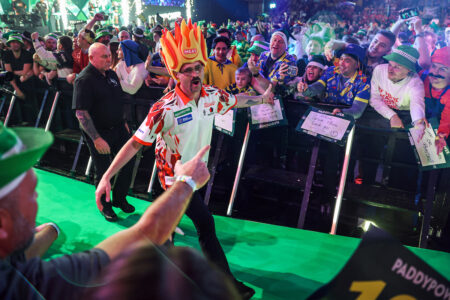 Damon Heta in the walk on area at the Paddy Power World Darts Championship.
