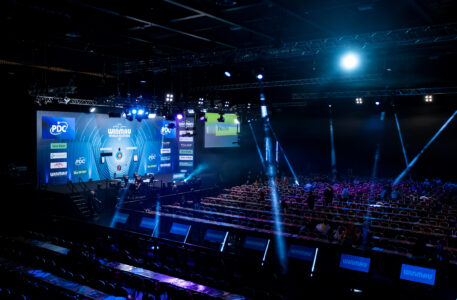 A photo of Arena MK in Milton Keynes, with the Winmau World Masters branding.