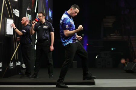 Luke Humphries on stage during the 2026 Premier League Darts.