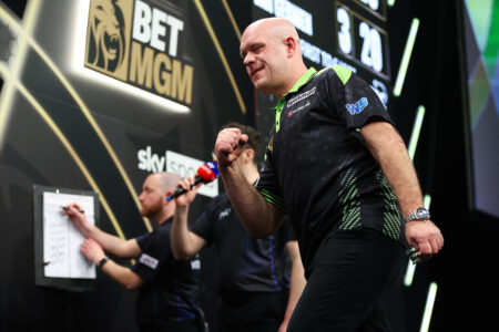 Michael van Gerwen on stage during the 2026 Premier League Darts.