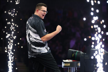 Gian van Veen on stage during the 2026 Premier League Darts.