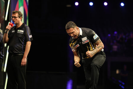 Gerwyn Price on stage during the 2026 Premier League Darts.
