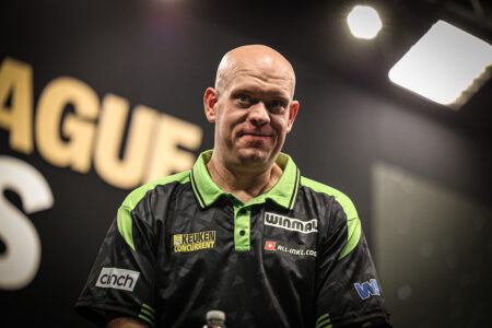 Michael van Gerwen on stage during the 2026 Premier League Darts.