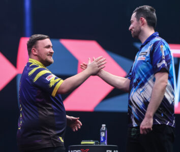 Luke Littler and Luke Humphries on stage during the 2026 Winmau World Masters.