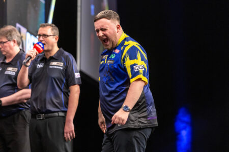 Luke Littler on stage during the 2026 Premier League Darts.