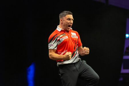 Gerwyn Price on stage during the 2026 Premier League Darts.