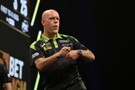 Michael van Gerwen on stage during the 2026 Premier League Darts.