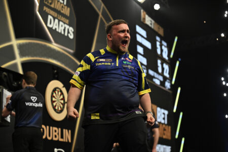 Luke Littler on stage during the 2026 Premier League Darts.
