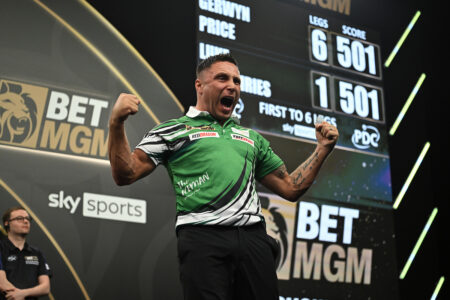 Gerwyn Price on stage during the 2026 Premier League Darts.