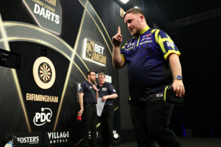 Luke Littler on stage during the 2026 Premier League Darts