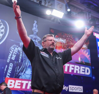 James Wade greets the Blackpool crowd at the 2026 World Matchplay
